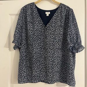 J.Crew Factory Blue Floral V-Neck Puff Sleeve Blouse | Size XL